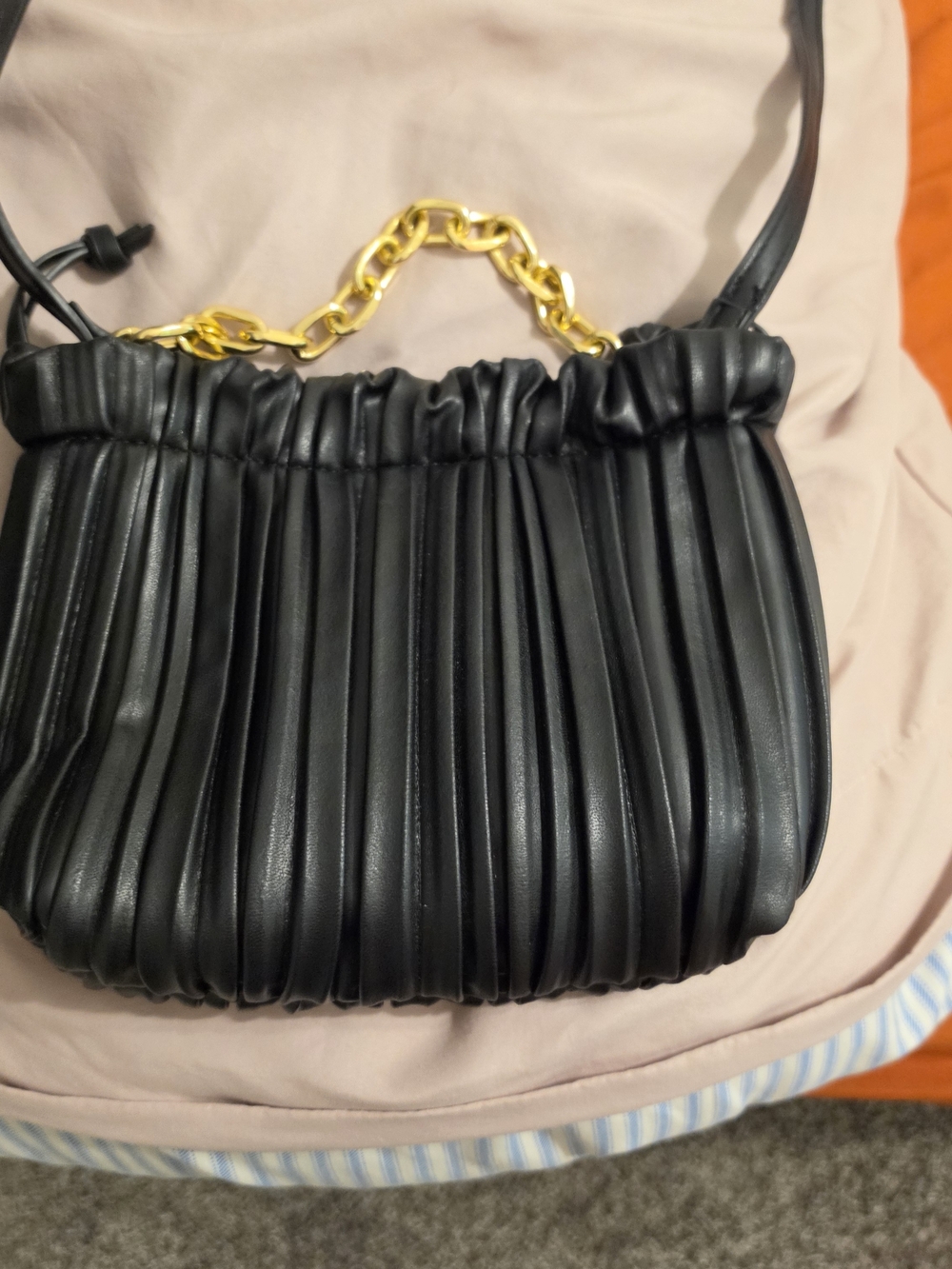 Black Pleated Crossbody Bag with Gold Chain Accent